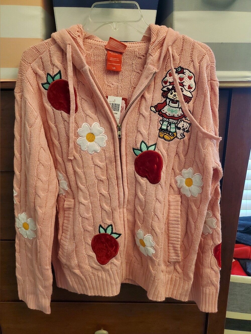 Strawberry Shortcake Pink Hooded Zip Cardigan with Appliques, NWT